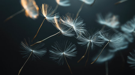 Close-up of delicate dandelion seeds floating gracefully against a dark background, symbolizing fragility, freedom, and nature's gentle beautyの素材
