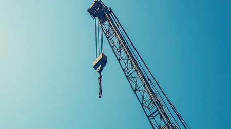 Close-up view of crane arm with suspended hook, reaching into clear sky, representing heavy machinery, construction power, and urban development backdropの素材