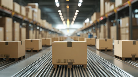 Cardboard boxes moving in row on automated production line, highlighting modern warehouse operations and industrial automationの素材