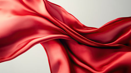 Dynamic shot of red satin fabric billowing in the air, isolated on soft light background, emphasizing smoothness and fluidityの素材