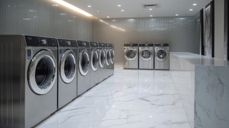 Interior of luxury modern laundromat with sleek stainless steel washers, marble flooring, and ambient lighting, showcasing high-end design and cleanlinessの素材