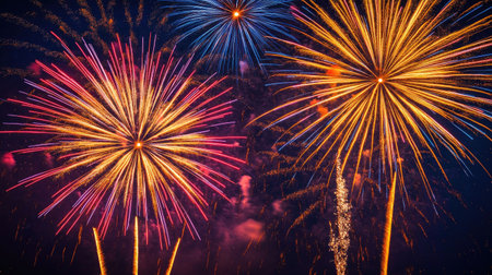 Close-up of symmetrical round fireworks on night sky background, emphasizing vivid colors, spark trails, and festive energyの素材