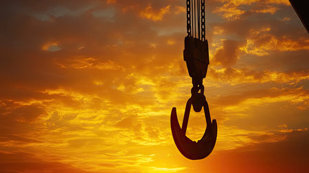 Heavy-duty crane hook hanging from steel arm, silhouetted in golden sunset sky, creating industrial yet dramatic atmosphere for construction projectsの素材