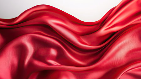 Luxurious red satin fabric floating in wind with natural folds, set against clean light background for fashion and design conceptsの素材