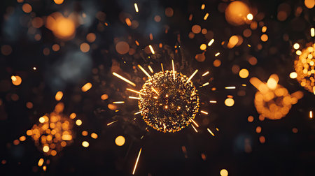 Golden spherical fireworks captured mid-explosion against dark sky, emphasizing symmetry, glow, and festive atmosphereの素材