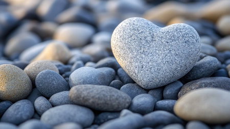 A naturally heart-shaped rock resting atop a pile of smooth gray pebbles, captured in soft natural light to highlight its unique shape.の素材