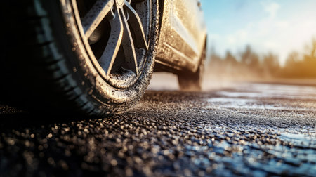 Car wheel and tire on asphalt with visible grooves and dust, highlighting durability and use.の素材