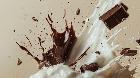Splash of milk colliding with chocolate, shot in high speed against a neutral beige background for contrast and textureの素材