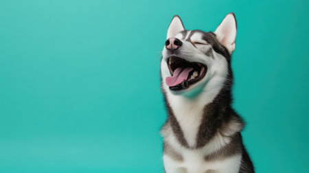 A husky with a joyful open-mouth smile, sitting against a bright turquoise background, full of energy and friendlinessの素材