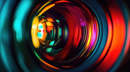 Extreme close-up of camera lens glass with rich hues of red, teal, and yellow reflecting in a dark settingの素材