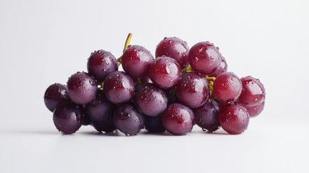Red grapes with dewy droplets reflecting light, set against a clean white background for a crisp and minimal lookの素材