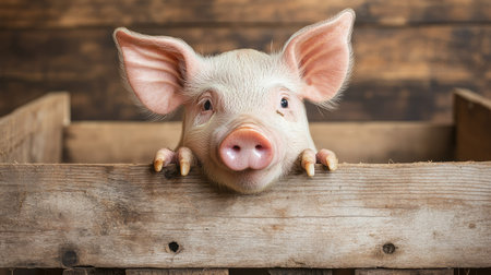 Piglet peeking curiously from behind a wooden crate, nose and face highlighted, rustic farm theme backgroundの素材