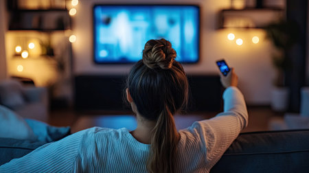 Back view of woman on couch with remote control pointing toward screen, cozy living room scene symbolizing entertainment and daily routineの素材
