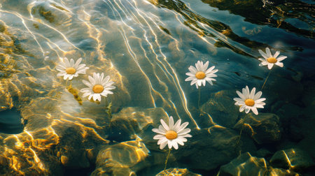 Several daisies in shallow water, sunbeams creating dreamy shadow waves, evoking calm and natural beautyの素材