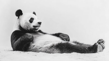 Giant panda lounging on the ground with paws crossed, giving off a calm and lazy vibe, styled in soft black and white contrastの素材