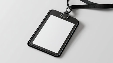 Close-up of ID card holder with blank card and attached lanyard, isolated on neutral background, ideal for business, office, or conference mockupsの素材