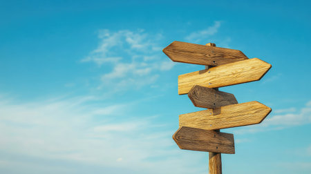 Close-up of blank wooden signpost pointing in different directions, sunny blue sky behind, clean minimalist compositionの素材