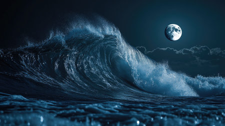 Dramatic ocean wave captured at night with moon reflection shimmering across water surface, emphasizing strength and mystiqueの素材