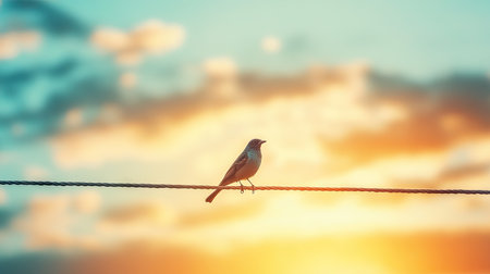 Bird standing on cable with bright sky and soft clouds in background, emphasizing simplicity and connection with natureの素材