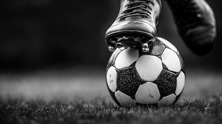 Close-up detail of leather football boots kicking a classic black-and-white soccer ball, symbolizing passion and performance in sportsの素材