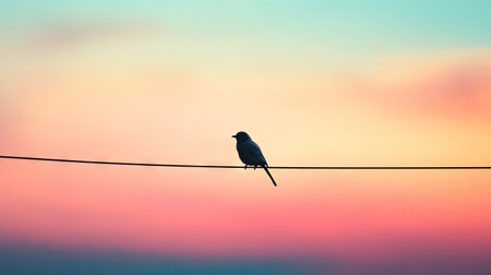 Bird perched on wire with pastel sky behind, creating serene and airy composition perfect for nature or background imageryの素材