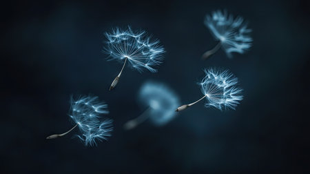 Floating dandelion seeds drifting into darkness, captured with soft lighting, representing wishes, dreams, and the passage of timeの素材