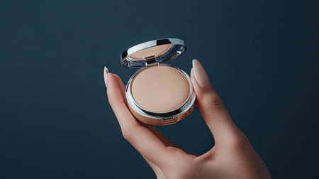 Elegant female hand with manicured nails holding cushion foundation compact, highlighting premium packaging and cosmetic detailの素材