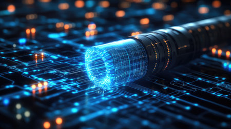 Fiber optics network cable glowing with blue light, placed on abstract technology background with circuits and digital grid designの素材