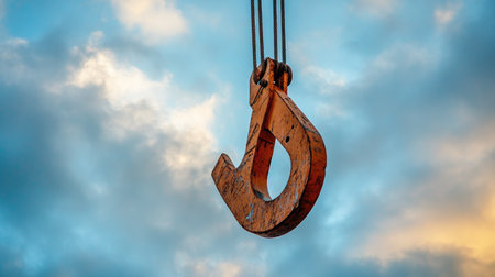 Isolated crane hook suspended from extended arm, contrasted with soft cloudy background, highlighting construction industry strength and machineryの素材