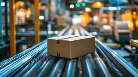 Cardboard box on automated packaging line with blurred motion effect, emphasizing speed, technology, and modern industryの素材