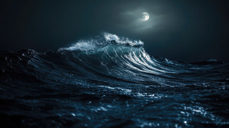 Dark ocean wave rising under moonlight, illuminated by soft silver glow, symbolizing mystery, strength, and the beauty of the sea at nightの素材