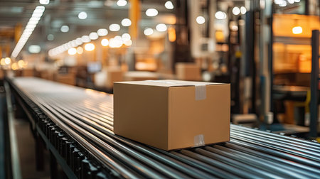 Side view of cardboard box on conveyor belt with machinery in background, emphasizing packaging technology and industrial efficiencyの素材