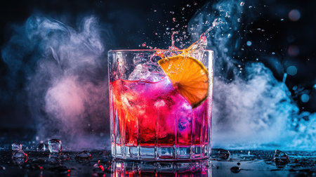 Artistic shot of colorful cocktail splashing with ice vapor around, highlighting energy, freshness, and bar culture in high-contrast dramatic lightingの素材