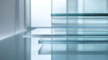 Varied thickness clear glass sheets displayed in minimal composition, emphasizing transparency, quality, and architectural applicationの素材