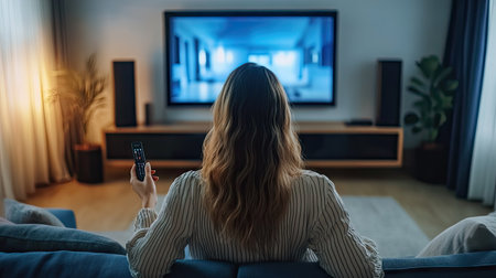 Rear view of woman sitting on modern sofa holding remote control, facing large TV screen in cozy living room, symbolizing relaxation and leisureの素材