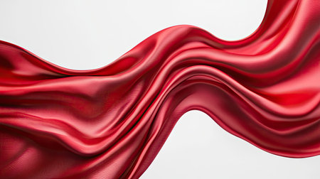 Red satin fabric captured mid-flight against minimal light background, showing flowing waves, highlights, and silky smooth detailsの素材