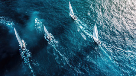 Aerial photography of yacht competition, boats moving side by side in dynamic patterns on bright blue sea, symbolizing challengeの素材