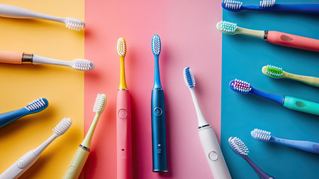 Assorted electric and manual toothbrushes arranged creatively on colorful backdrop, symbolizing modern oral hygieneの素材