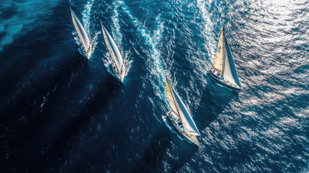 Aerial perspective of sailing yachts in tight race formation on clear blue water, showcasing teamwork, precision, and competitionの素材