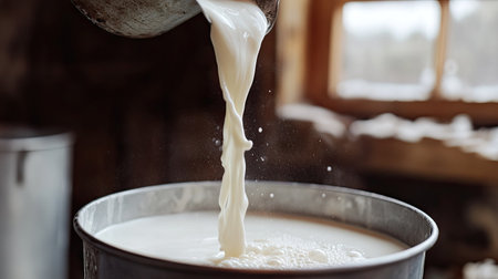 Close-up action shot of goat milk being poured into clean metal bucket, highlighting rural dairy process and natural nutritionの素材