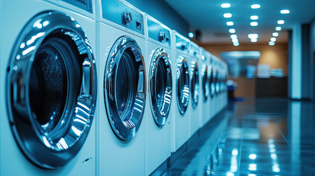Row of modern front-loading washing machines in upscale laundromat with minimalist interior, glossy surfaces, and warm ambient lightsの素材