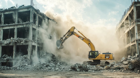 Building demolition in progress with hydraulic excavator breaking walls, dust clouds rising as machinery clears debrisの素材