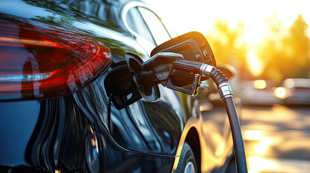 Close-up of a modern car with fuel cap open, showing clean fuel filler neck and sleek vehicle design in bright daylightの素材