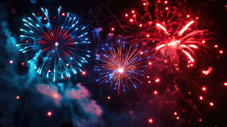 Red and blue round fireworks in night sky, with sparkling trails and glowing effect, celebrating festive events or New Yearの素材