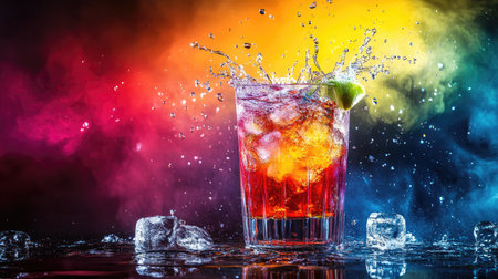 Artistic shot of colorful cocktail splashing with ice vapor around, highlighting energy, freshness, and bar culture in high-contrast dramatic lightingの素材