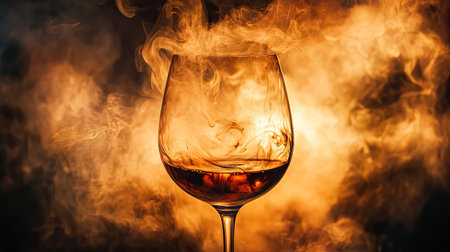 Artistic concept with smoke cascading out of a wine glass, creating soft patterns against a blurred smoky background for surreal effectの素材