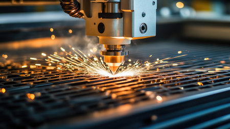 Close-up action of fiber laser cutting metal sheet, sparks scattering across factory floor, emphasizing precision, engineering, and automationの素材