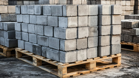 Cement blocks stacked neatly on wooden pallets, ready for delivery or use, emphasizing construction industry, building supply, and urban developmentの素材