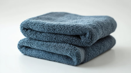 Soft folded microfiber towel isolated on clean white background, showcasing smooth texture and absorbent material for cleaning or spa useの素材