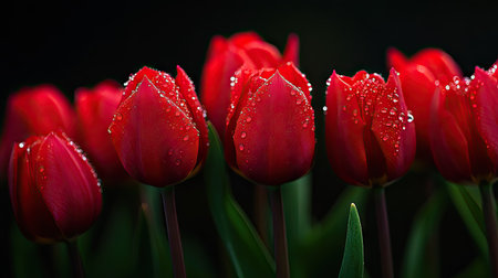 Beautiful red tulips with dewdrops on petals, glowing against a dark background, symbolizing freshness, purity, and the elegance of spring bloomsの素材